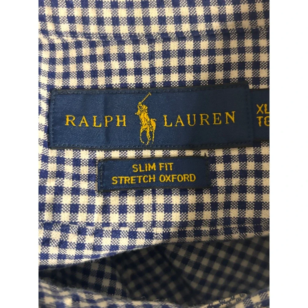 Polo Ralph Lauren Mens XL Slim Fit Stretch Oxford Gingham Shirt Navy Blue White